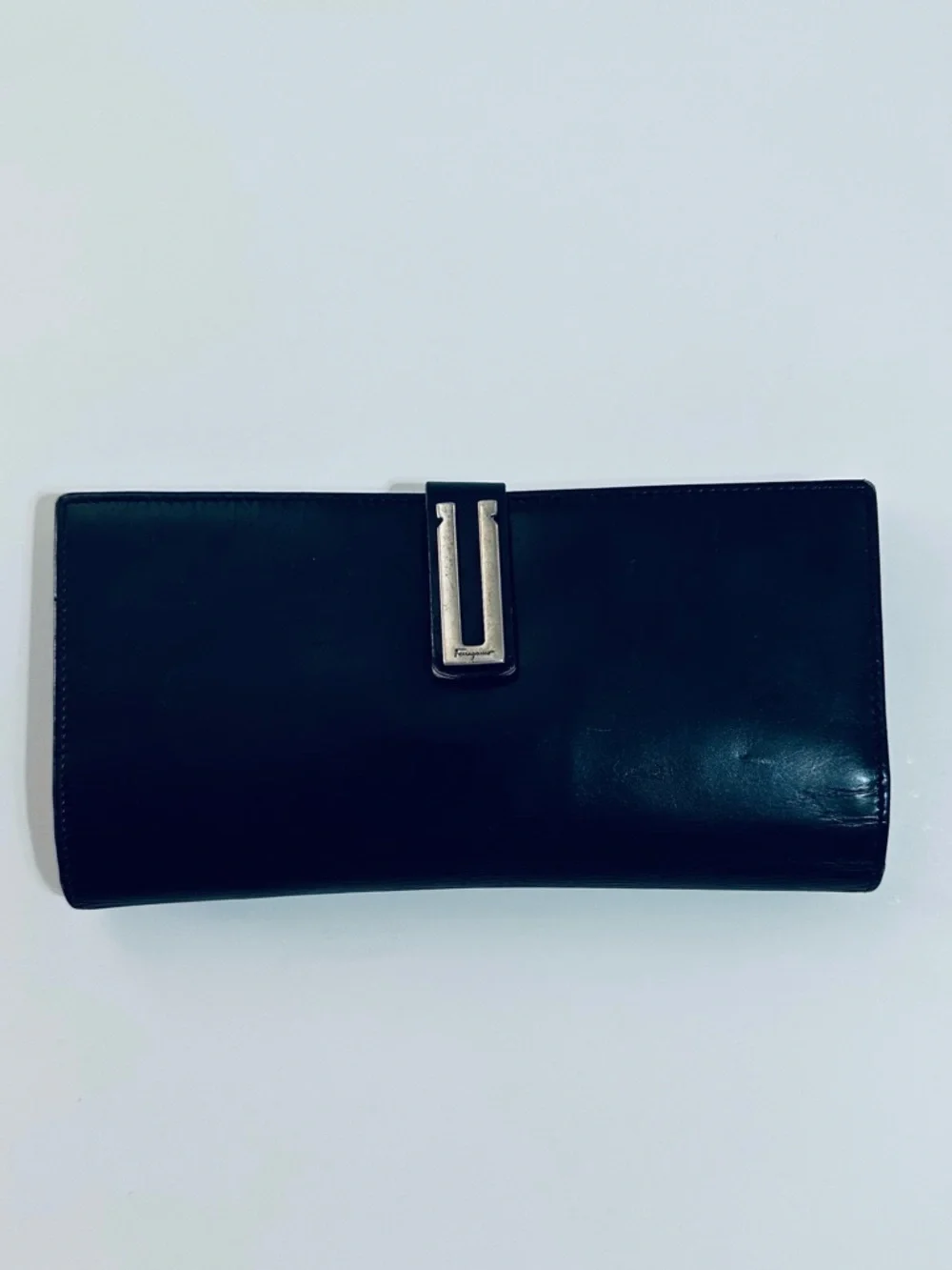 MEN’S SALVATORE FERRAGAMO BLACK LEATHER CONTINENTAL WALLET SILVER HARDWARE ITALY